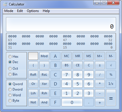 Calcolatrice Windows 7 modalità programmatore