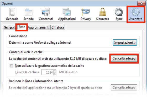 cancellare cache firefox