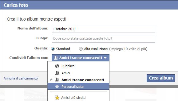 caricare foto facebook privacy