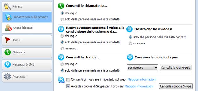 chat skype cronologia privacy