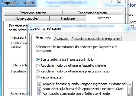 come velocizzare windows 7 disabilitare effetti grafici