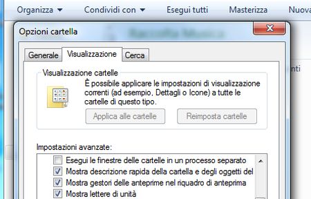 come velocizzare windows 7 disattivare opzioni cartelle