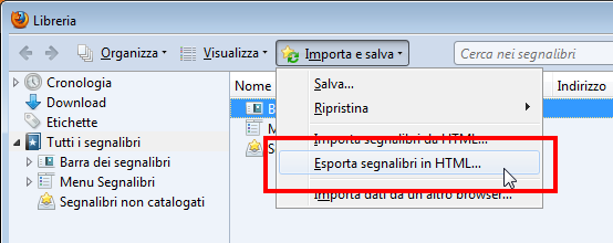 esportare preferiti html