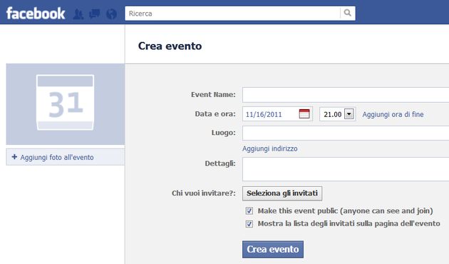 eventi facebook creare