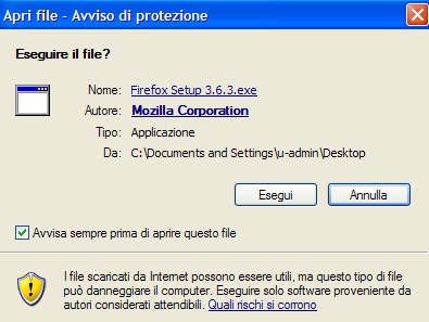 Conferma dell'esecuzione del programma di installazione di Firefox