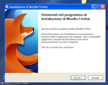Finestra di benvenuto del programma di installazione di Firefox