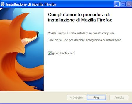 Fine dell'installazione di Firefox