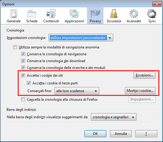 firefox cookie impostazioni