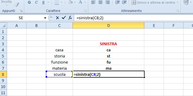 formule excel sinistra destra