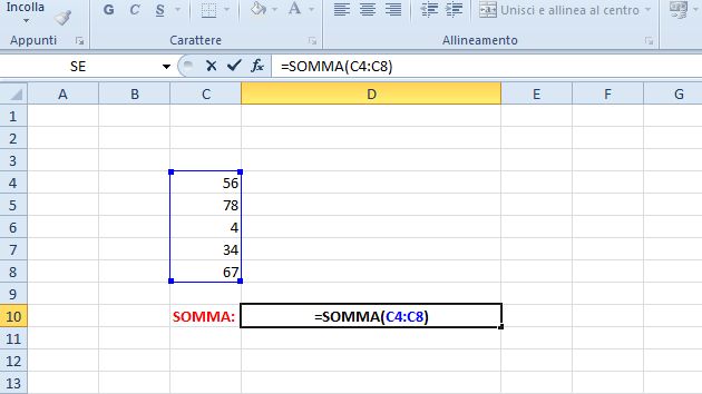 formule excel somma