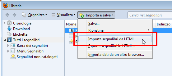 importare preferiti html