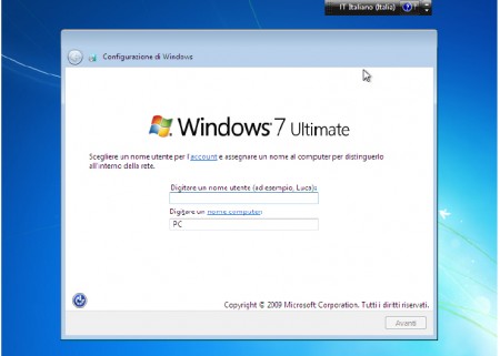 installare windows 7 utente