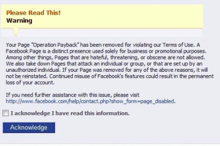 pagina operation payback su facebook chiusa