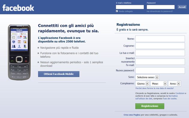 registrazione facebook schermata
