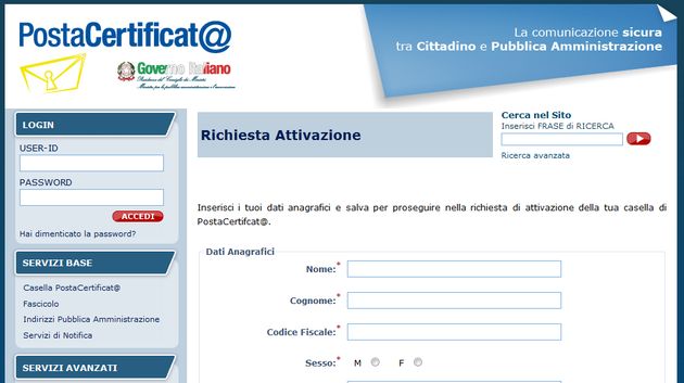 richiesta attivazione pec prima fase