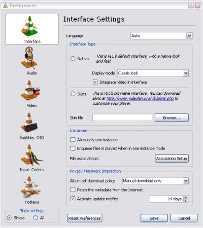 VLC-0.9.0-preferenze
