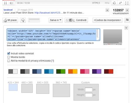 Dimensione personalizzata per i video di YouTube inseriti nei siti